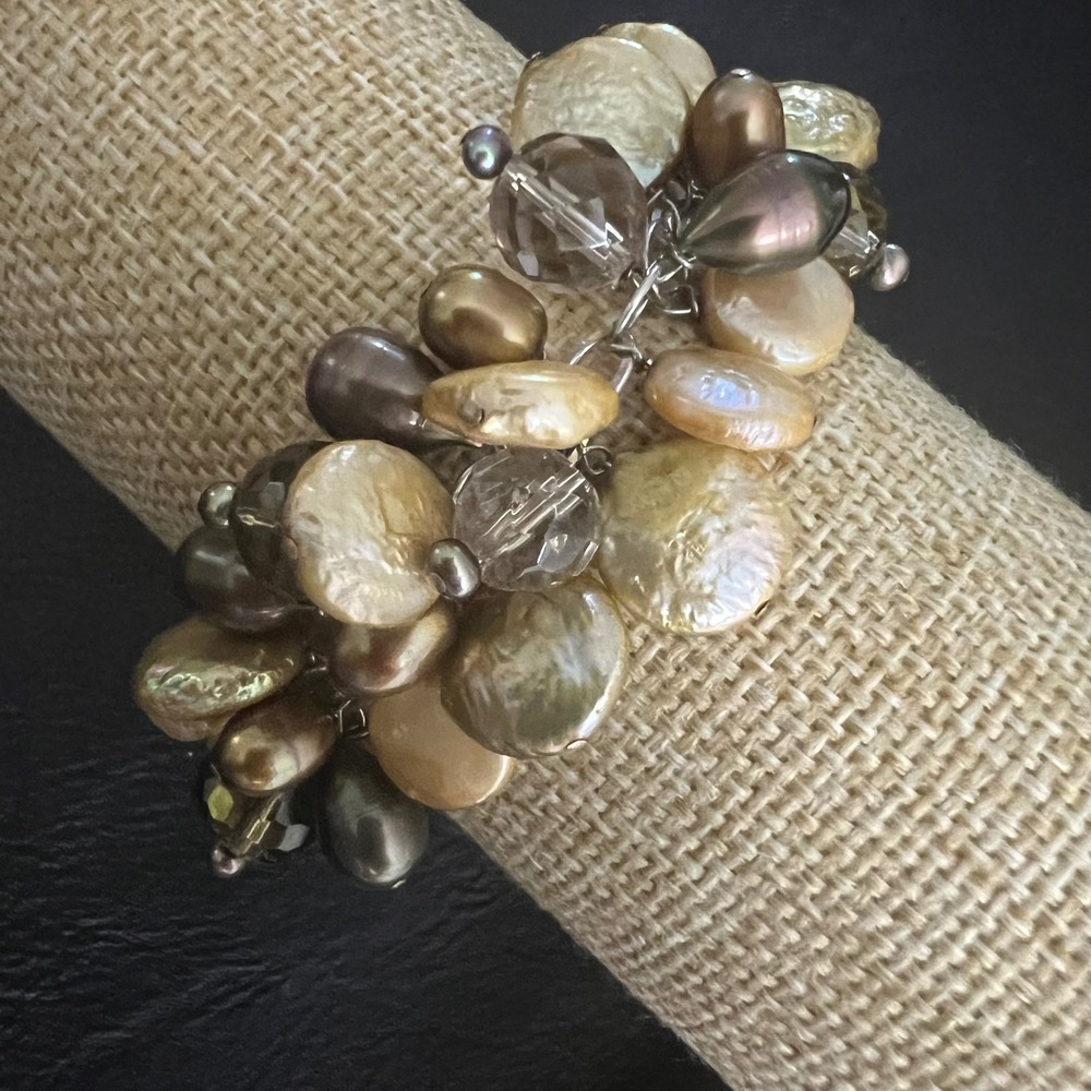 Sterling Silver Freshwater Pearl Smoky Quartz Cluster Bracelet 7-8" Whimsigoth